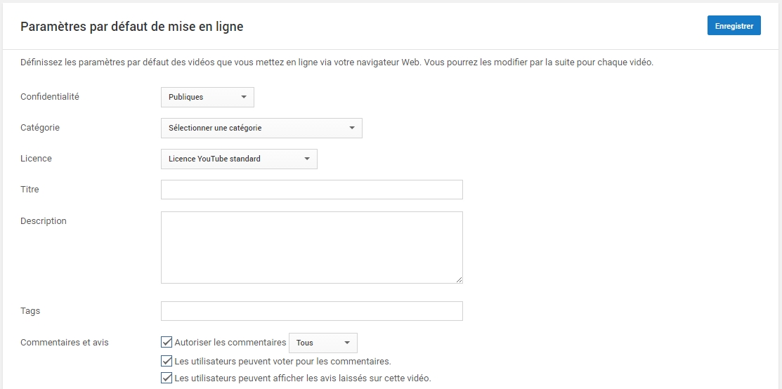 Paramètres de mise en ligne